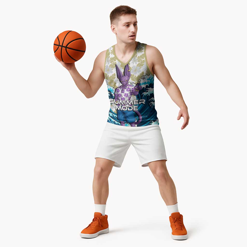 Beerus Dragon Ball Summer Theme Basketball Jersey with Floral Shirt Sunglasses Shenron and Ocean Wave Background - The Mazicc