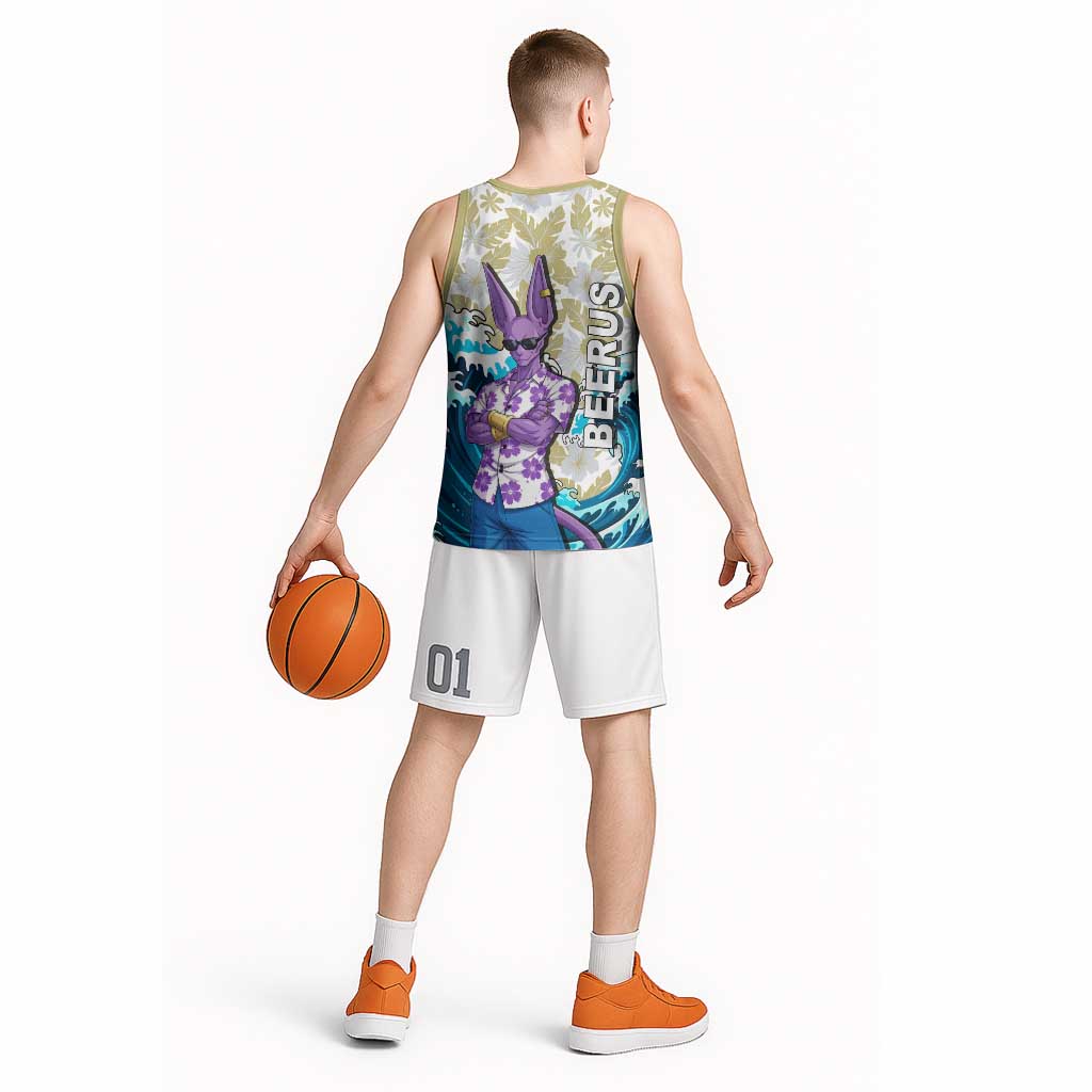 Beerus Dragon Ball Summer Theme Basketball Jersey with Floral Shirt Sunglasses Shenron and Ocean Wave Background - The Mazicc