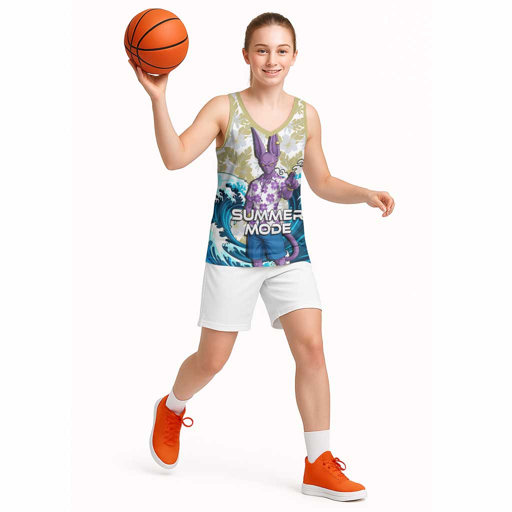 Beerus Dragon Ball Summer Theme Basketball Jersey with Floral Shirt Sunglasses Shenron and Ocean Wave Background - The Mazicc