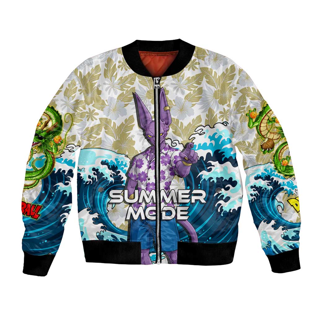 Beerus Dragon Ball Summer Theme Bomber Jacket with Floral Shirt Sunglasses Shenron and Ocean Wave Background - The Mazicc
