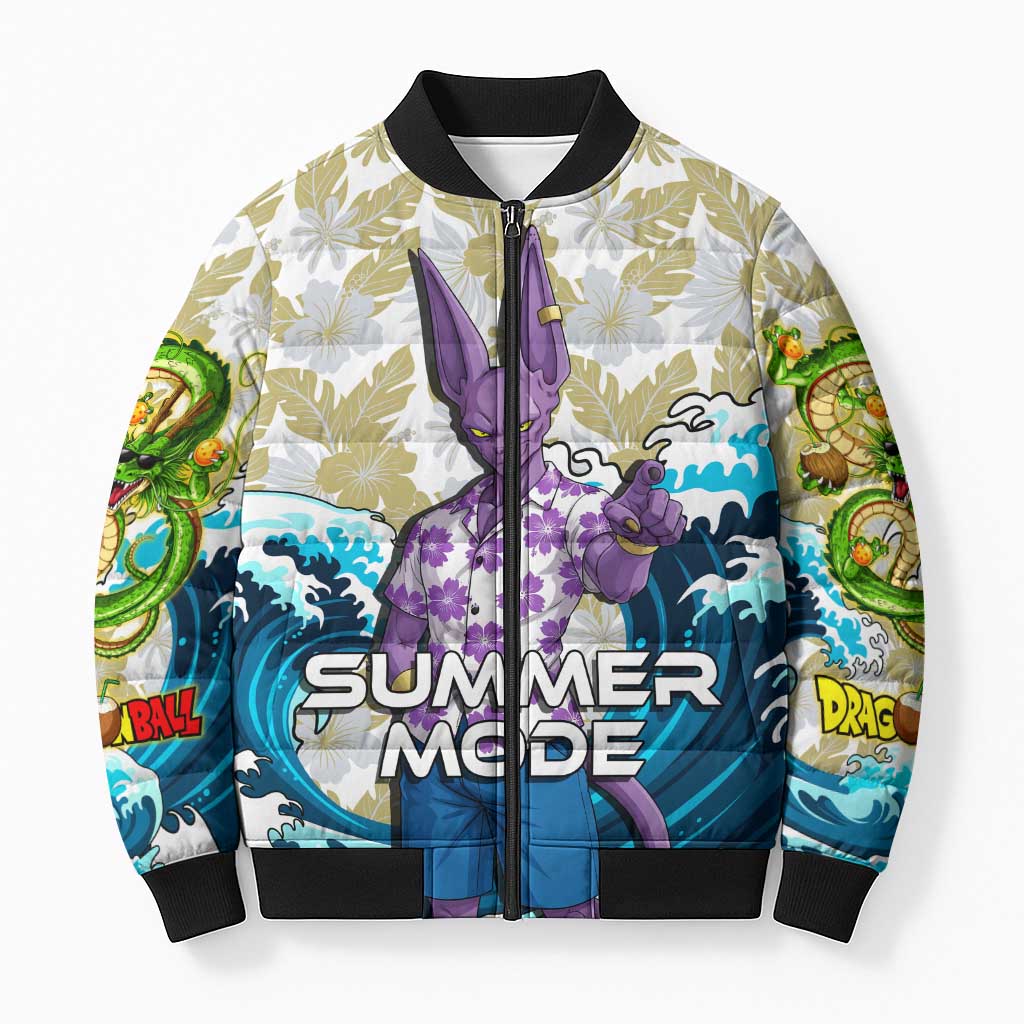Beerus Dragon Ball Summer Theme Bomber Puffer Jacket with Floral Shirt Sunglasses Shenron and Ocean Wave Background - The Mazicc