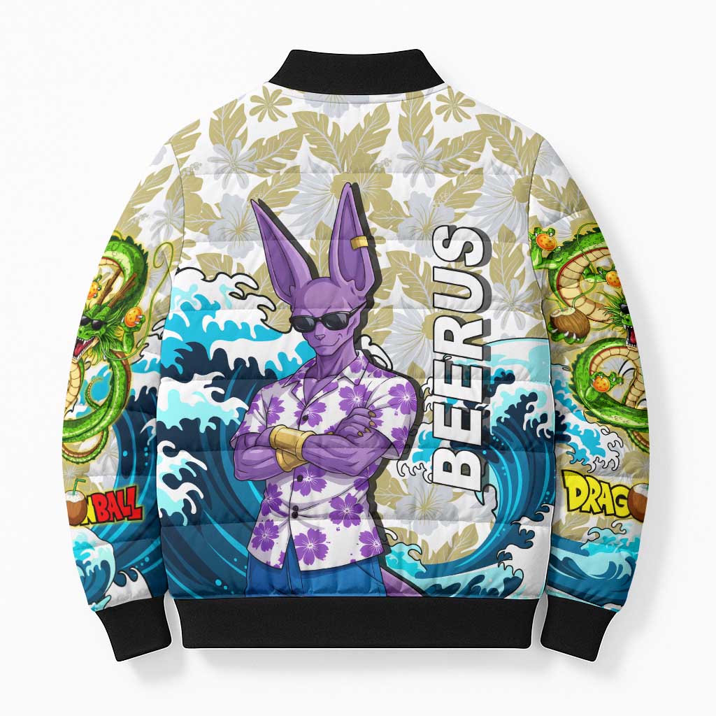 Beerus Dragon Ball Summer Theme Bomber Puffer Jacket with Floral Shirt Sunglasses Shenron and Ocean Wave Background - The Mazicc