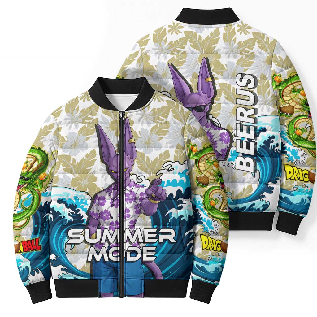 Beerus Dragon Ball Summer Theme Bomber Puffer Jacket with Floral Shirt Sunglasses Shenron and Ocean Wave Background - The Mazicc