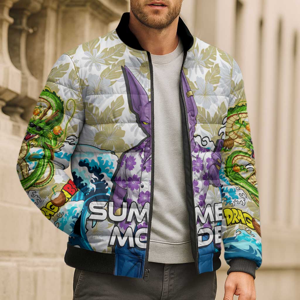 Beerus Dragon Ball Summer Theme Bomber Puffer Jacket with Floral Shirt Sunglasses Shenron and Ocean Wave Background - The Mazicc