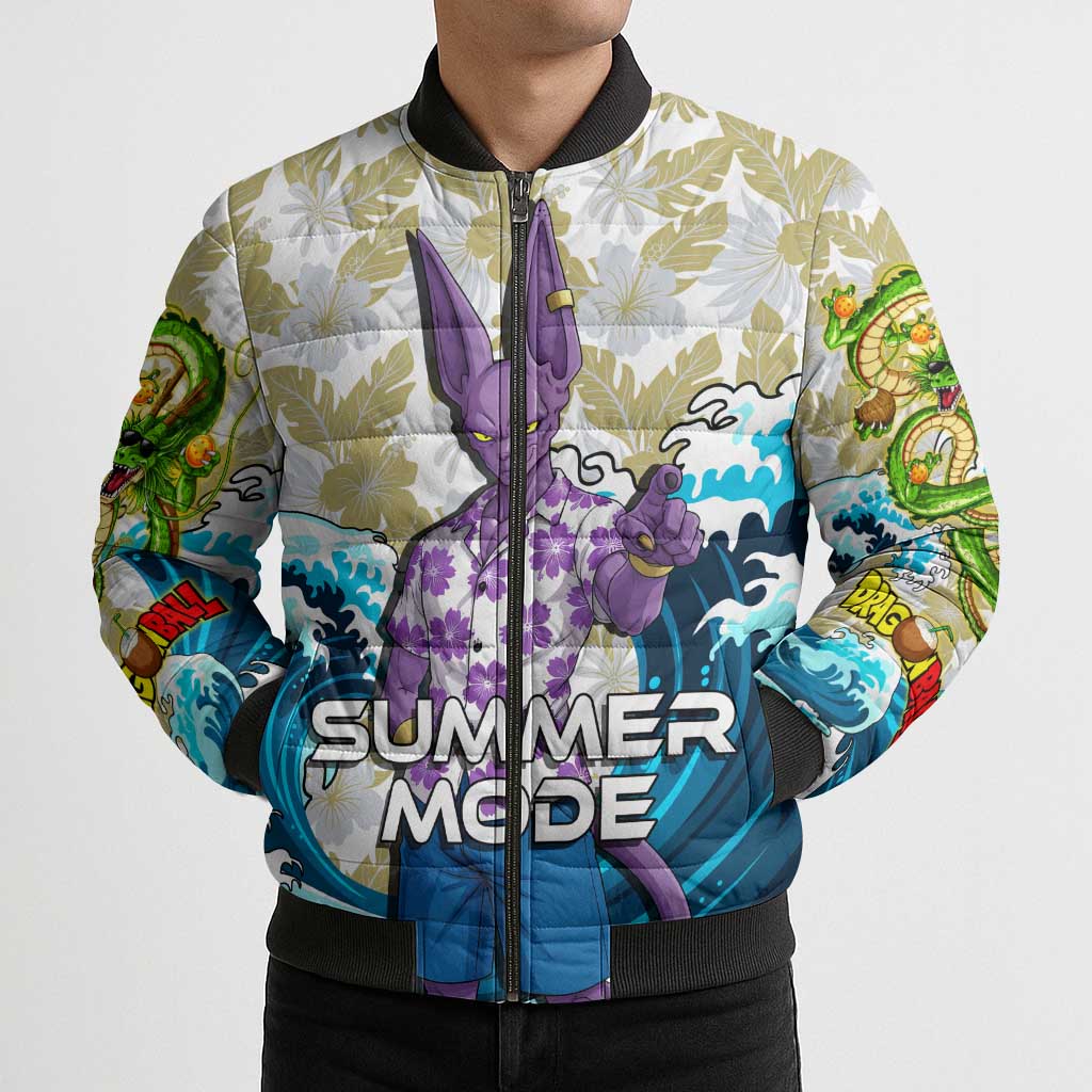 Beerus Dragon Ball Summer Theme Bomber Puffer Jacket with Floral Shirt Sunglasses Shenron and Ocean Wave Background - The Mazicc