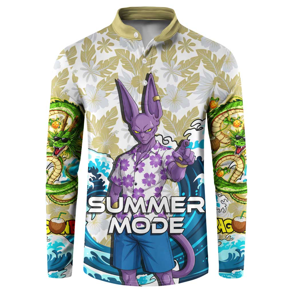 Beerus Dragon Ball Summer Theme Button Sweatshirt with Floral Shirt Sunglasses Shenron and Ocean Wave Background - The Mazicc