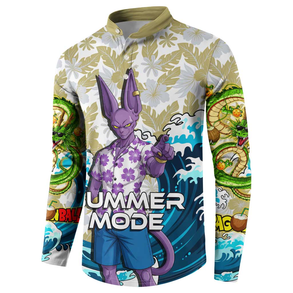 Beerus Dragon Ball Summer Theme Button Sweatshirt with Floral Shirt Sunglasses Shenron and Ocean Wave Background - The Mazicc