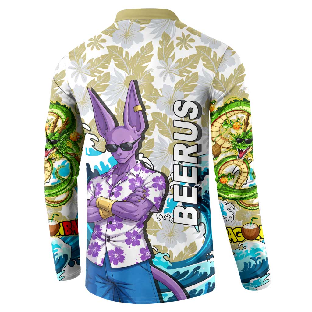Beerus Dragon Ball Summer Theme Button Sweatshirt with Floral Shirt Sunglasses Shenron and Ocean Wave Background - The Mazicc