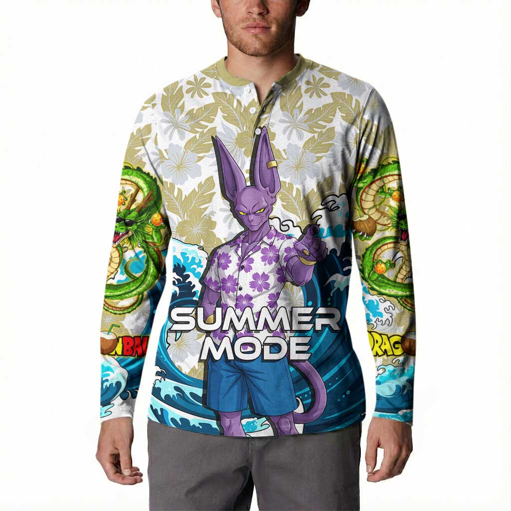 Beerus Dragon Ball Summer Theme Button Sweatshirt with Floral Shirt Sunglasses Shenron and Ocean Wave Background - The Mazicc