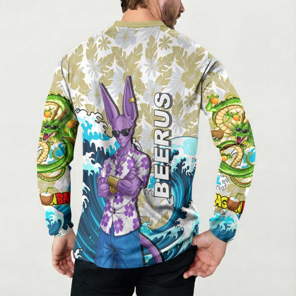 Beerus Dragon Ball Summer Theme Button Sweatshirt with Floral Shirt Sunglasses Shenron and Ocean Wave Background - The Mazicc