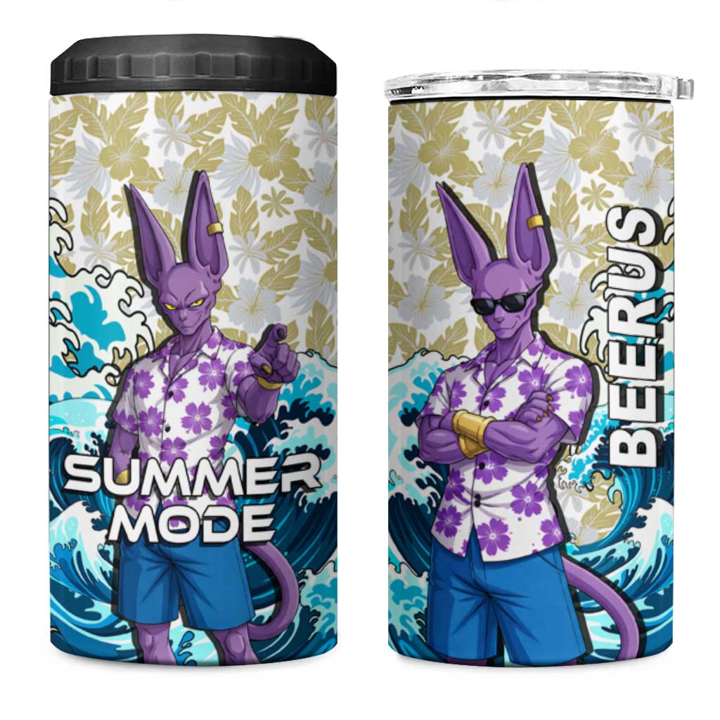 Beerus Dragon Ball Summer Theme 4 in 1 Can Cooler Tumbler with Floral Shirt Sunglasses Shenron and Ocean Wave Background - The Mazicc