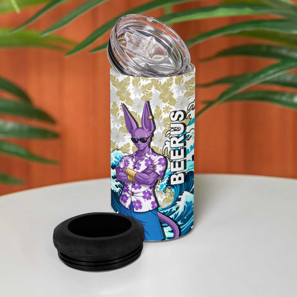 Beerus Dragon Ball Summer Theme 4 in 1 Can Cooler Tumbler with Floral Shirt Sunglasses Shenron and Ocean Wave Background - The Mazicc