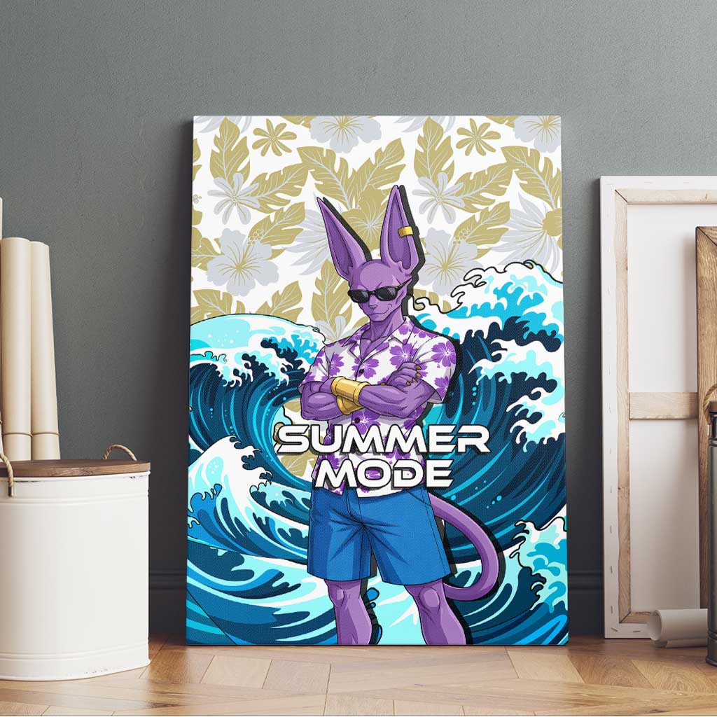 Beerus Dragon Ball Summer Theme Canvas Wall Art with Floral Shirt Sunglasses Shenron and Ocean Wave Background - The Mazicc