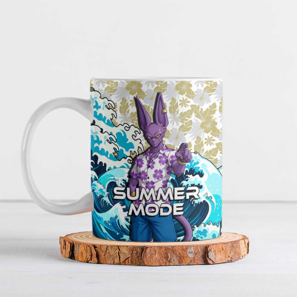 Beerus Dragon Ball Summer Theme Ceramic Mug with Floral Shirt Sunglasses Shenron and Ocean Wave Background - The Mazicc