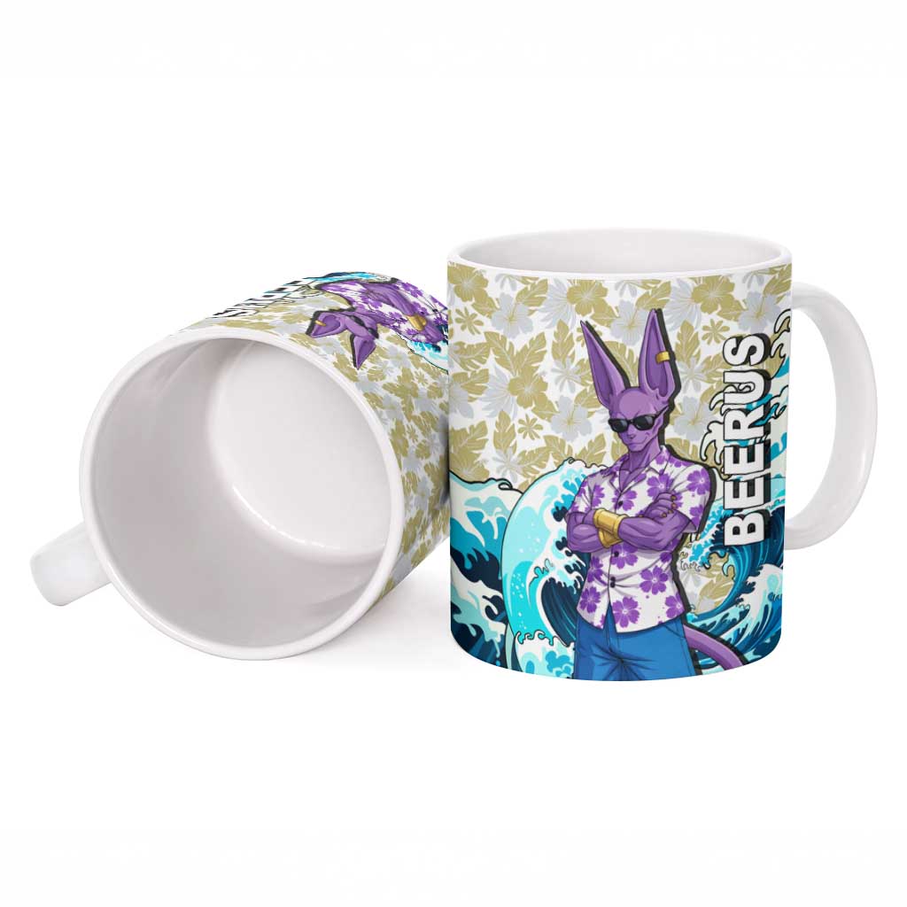 Beerus Dragon Ball Summer Theme Ceramic Mug with Floral Shirt Sunglasses Shenron and Ocean Wave Background - The Mazicc