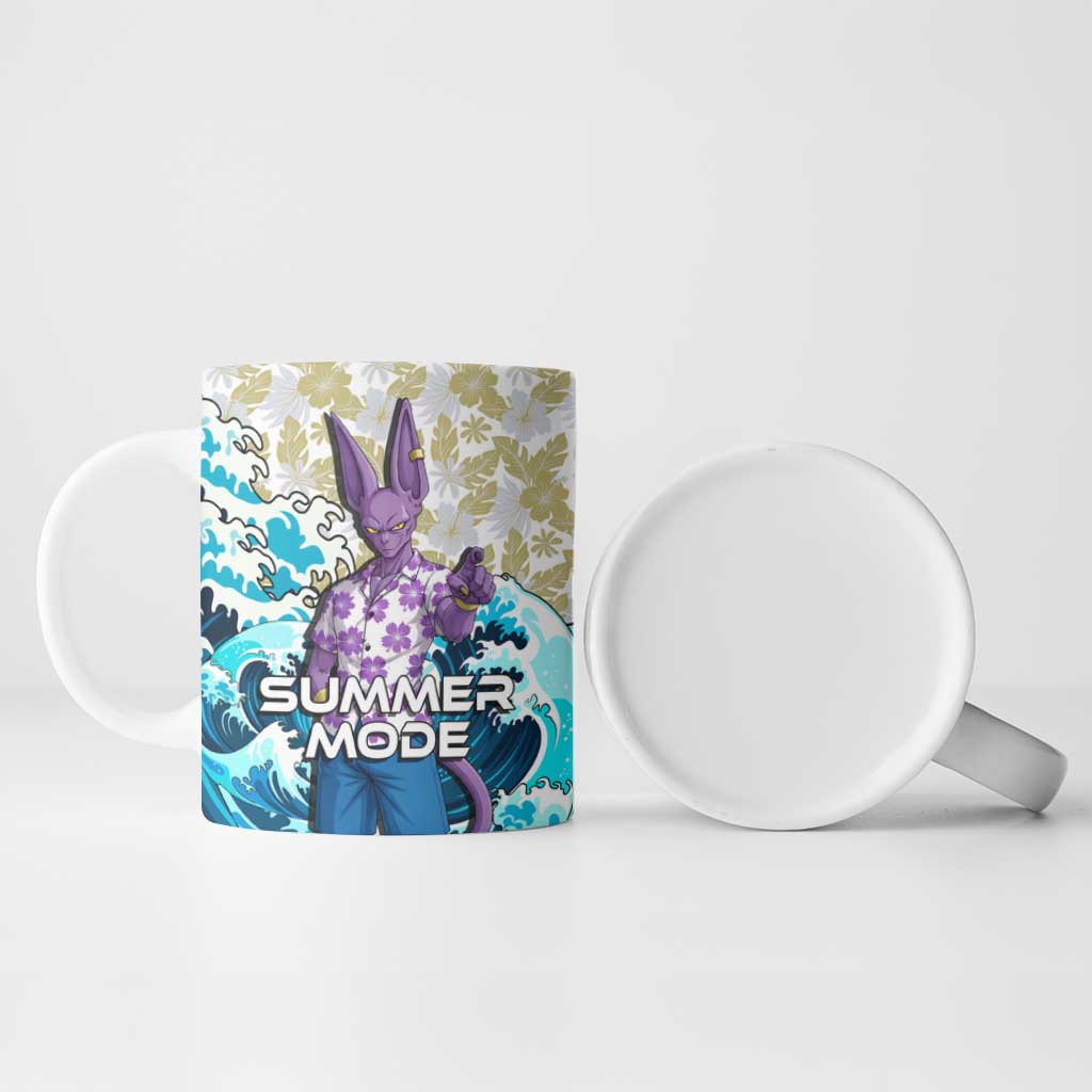 Beerus Dragon Ball Summer Theme Ceramic Mug with Floral Shirt Sunglasses Shenron and Ocean Wave Background - The Mazicc