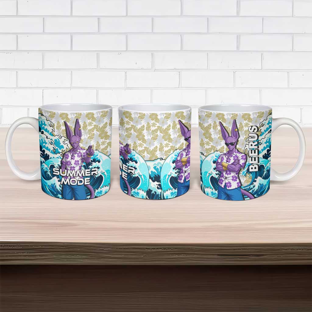 Beerus Dragon Ball Summer Theme Ceramic Mug with Floral Shirt Sunglasses Shenron and Ocean Wave Background - The Mazicc