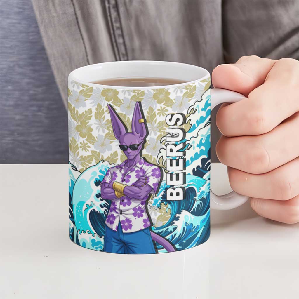 Beerus Dragon Ball Summer Theme Ceramic Mug with Floral Shirt Sunglasses Shenron and Ocean Wave Background - The Mazicc