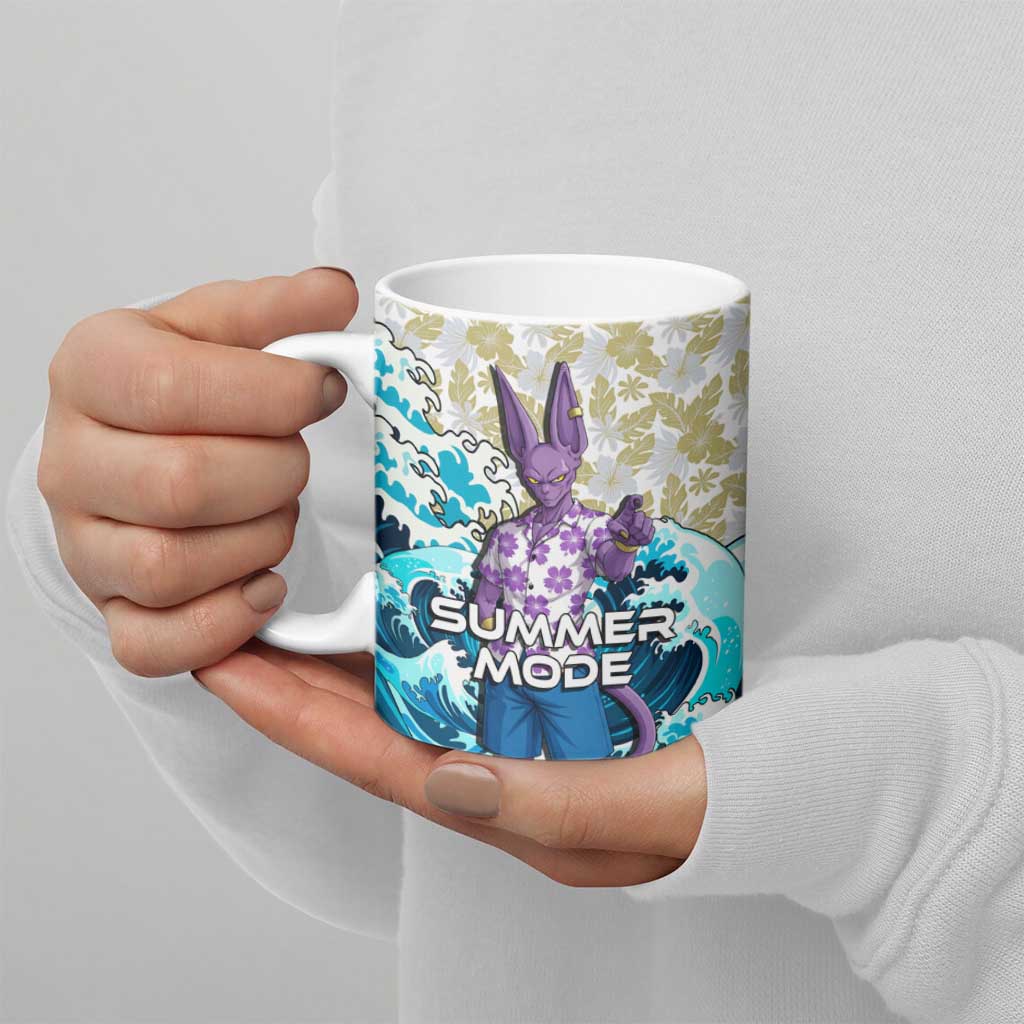 Beerus Dragon Ball Summer Theme Ceramic Mug with Floral Shirt Sunglasses Shenron and Ocean Wave Background - The Mazicc