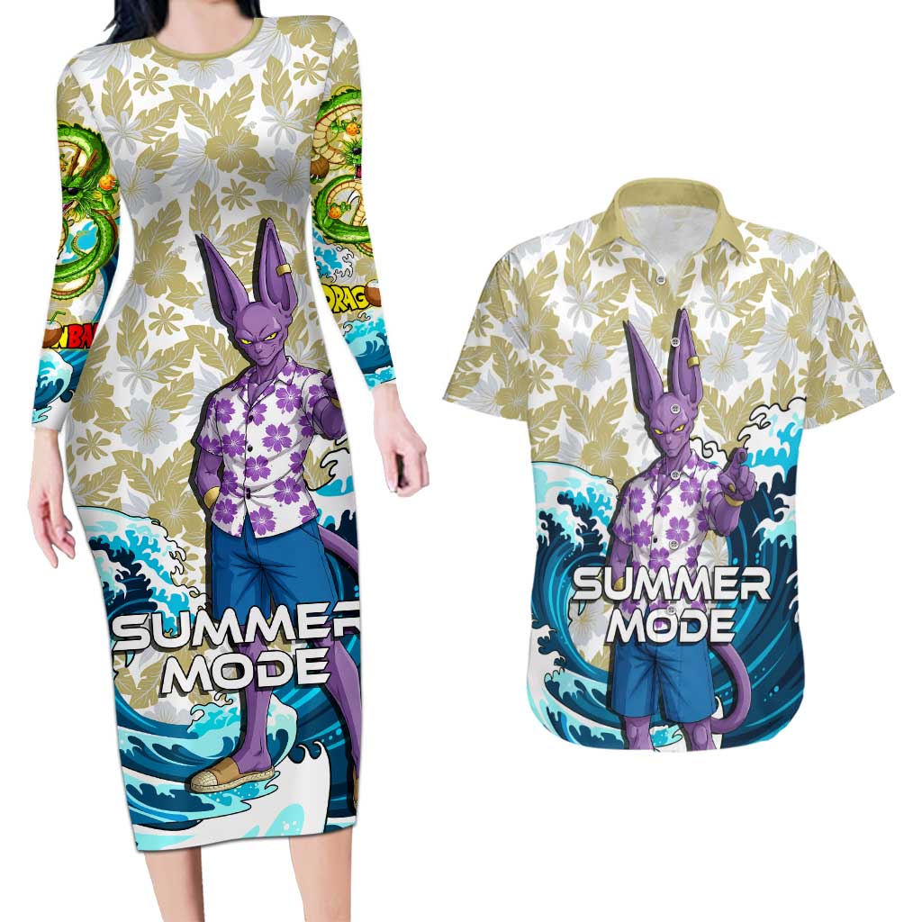 Beerus Dragon Ball Summer Theme Couples Matching Long Sleeve Bodycon Dress and Hawaiian Shirt with Floral Shirt Sunglasses Shenron and Ocean Wave Background - The Mazicc