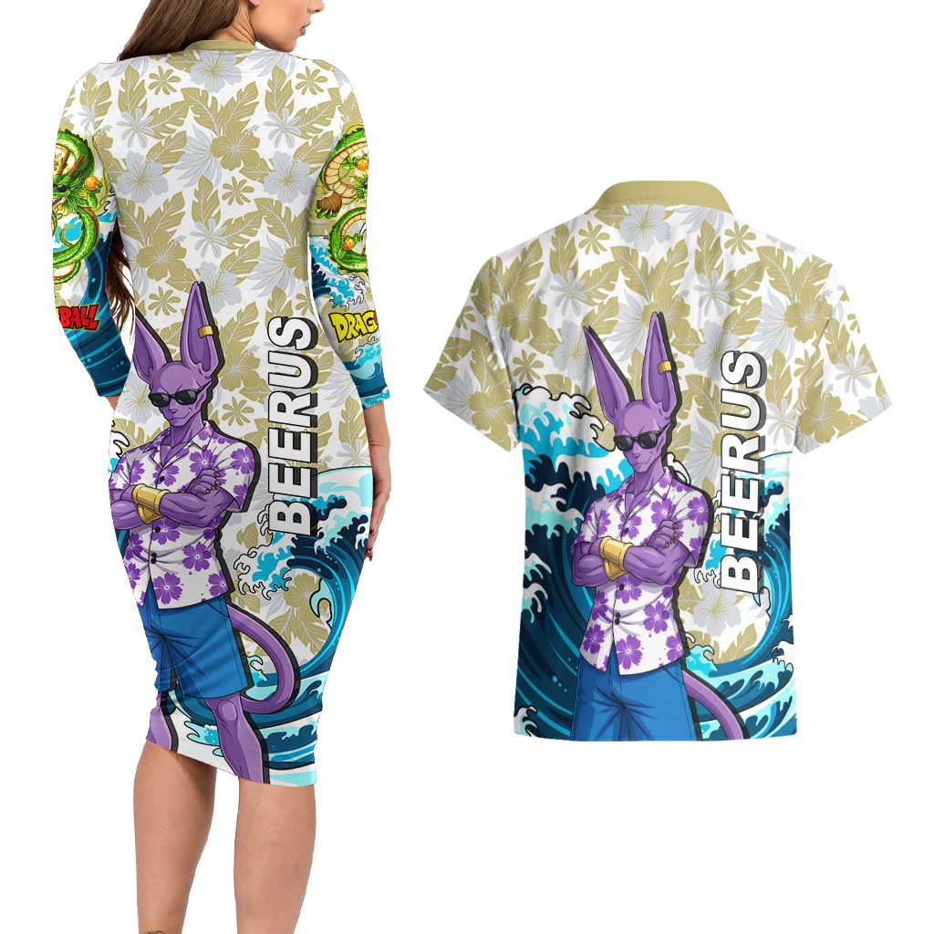 Beerus Dragon Ball Summer Theme Couples Matching Long Sleeve Bodycon Dress and Hawaiian Shirt with Floral Shirt Sunglasses Shenron and Ocean Wave Background - The Mazicc