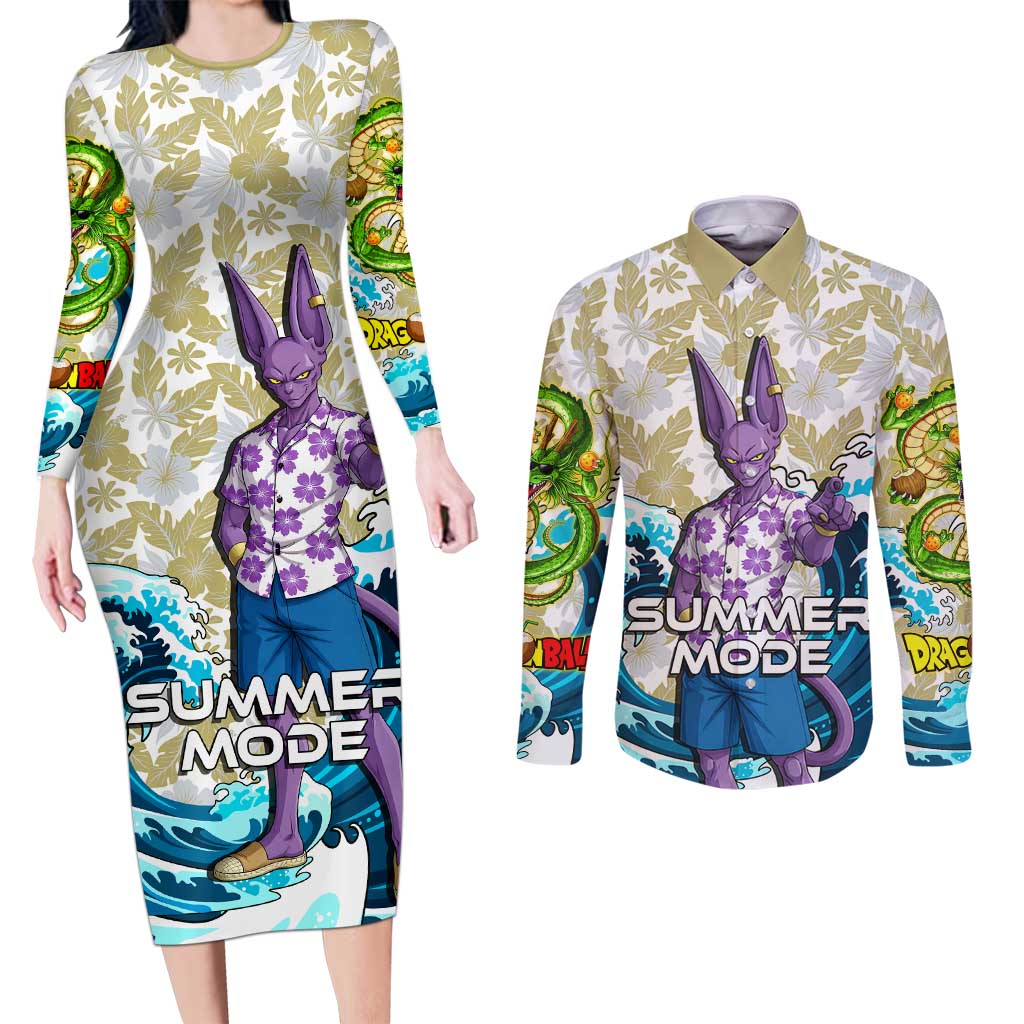 Beerus Dragon Ball Summer Theme Couples Matching Long Sleeve Bodycon Dress and Long Sleeve Button Shirt with Floral Shirt Sunglasses Shenron and Ocean Wave Background - The Mazicc