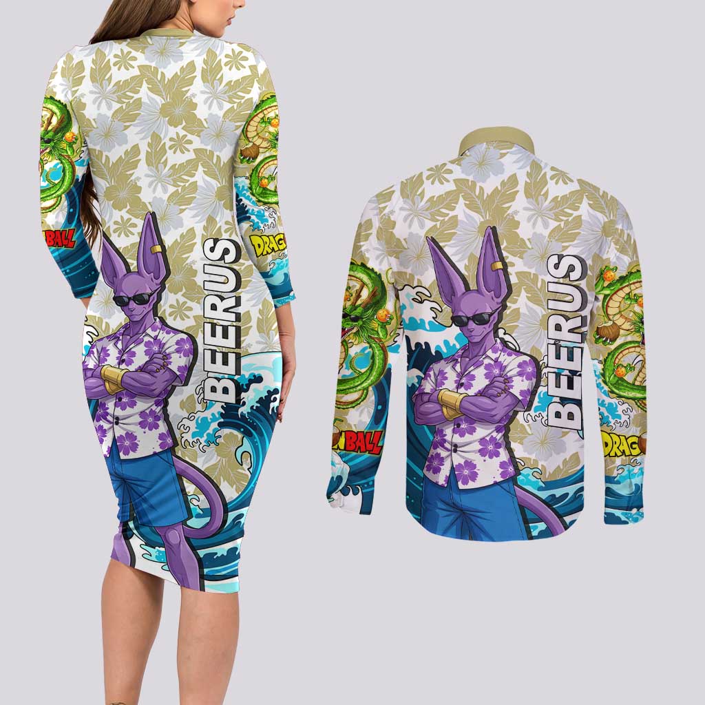 Beerus Dragon Ball Summer Theme Couples Matching Long Sleeve Bodycon Dress and Long Sleeve Button Shirt with Floral Shirt Sunglasses Shenron and Ocean Wave Background - The Mazicc