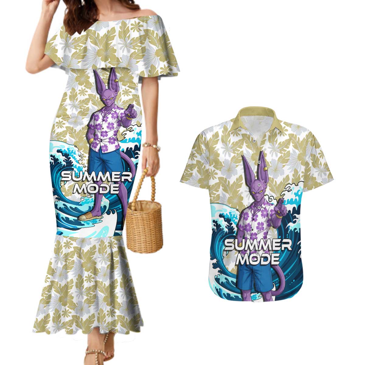 Beerus Dragon Ball Summer Theme Couples Matching Mermaid Dress and Hawaiian Shirt with Floral Shirt Sunglasses Shenron and Ocean Wave Background - The Mazicc