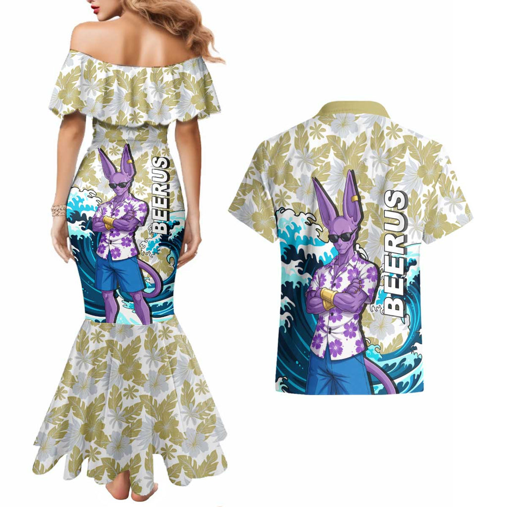 Beerus Dragon Ball Summer Theme Couples Matching Mermaid Dress and Hawaiian Shirt with Floral Shirt Sunglasses Shenron and Ocean Wave Background - The Mazicc