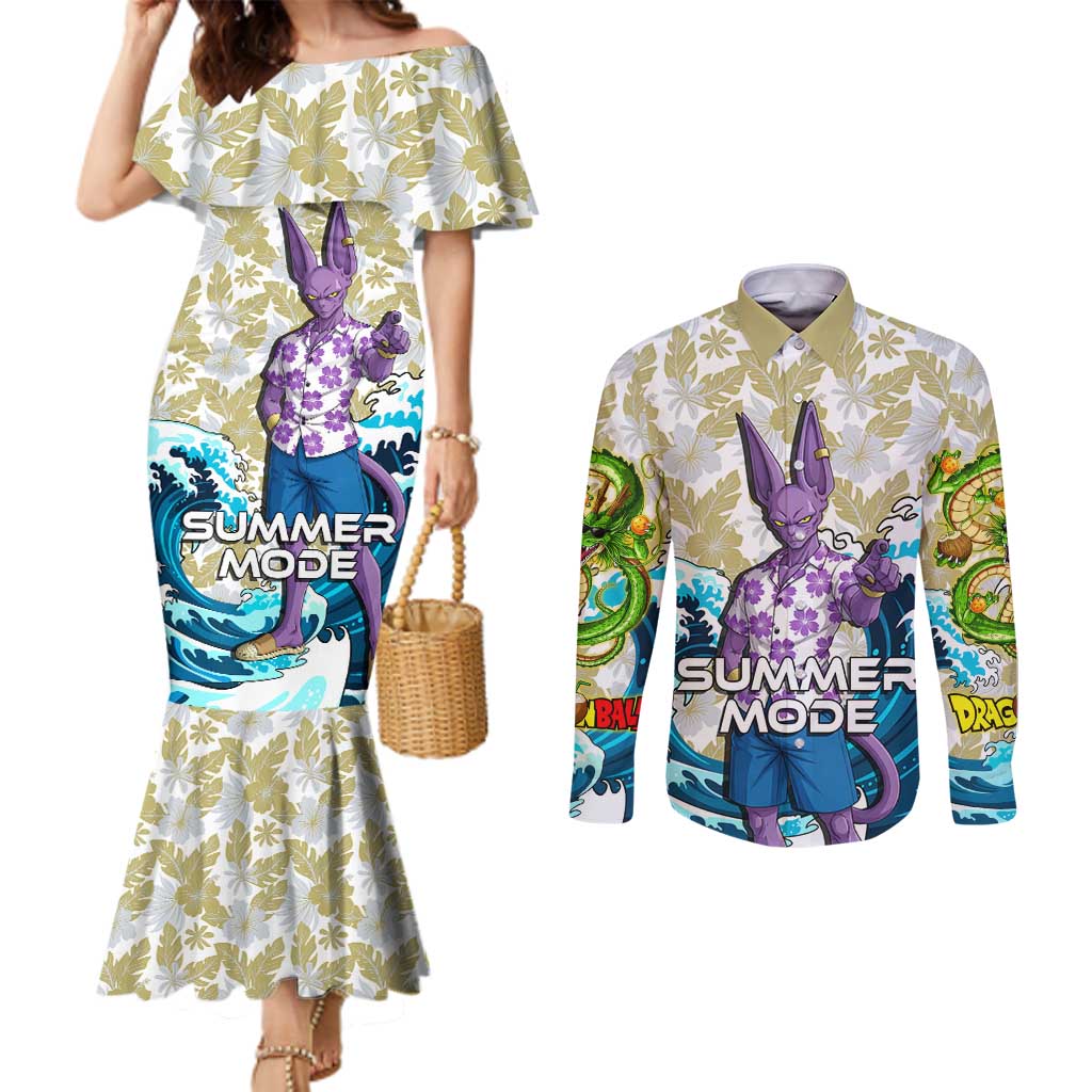 Beerus Dragon Ball Summer Theme Couples Matching Mermaid Dress and Long Sleeve Button Shirt with Floral Shirt Sunglasses Shenron and Ocean Wave Background - The Mazicc