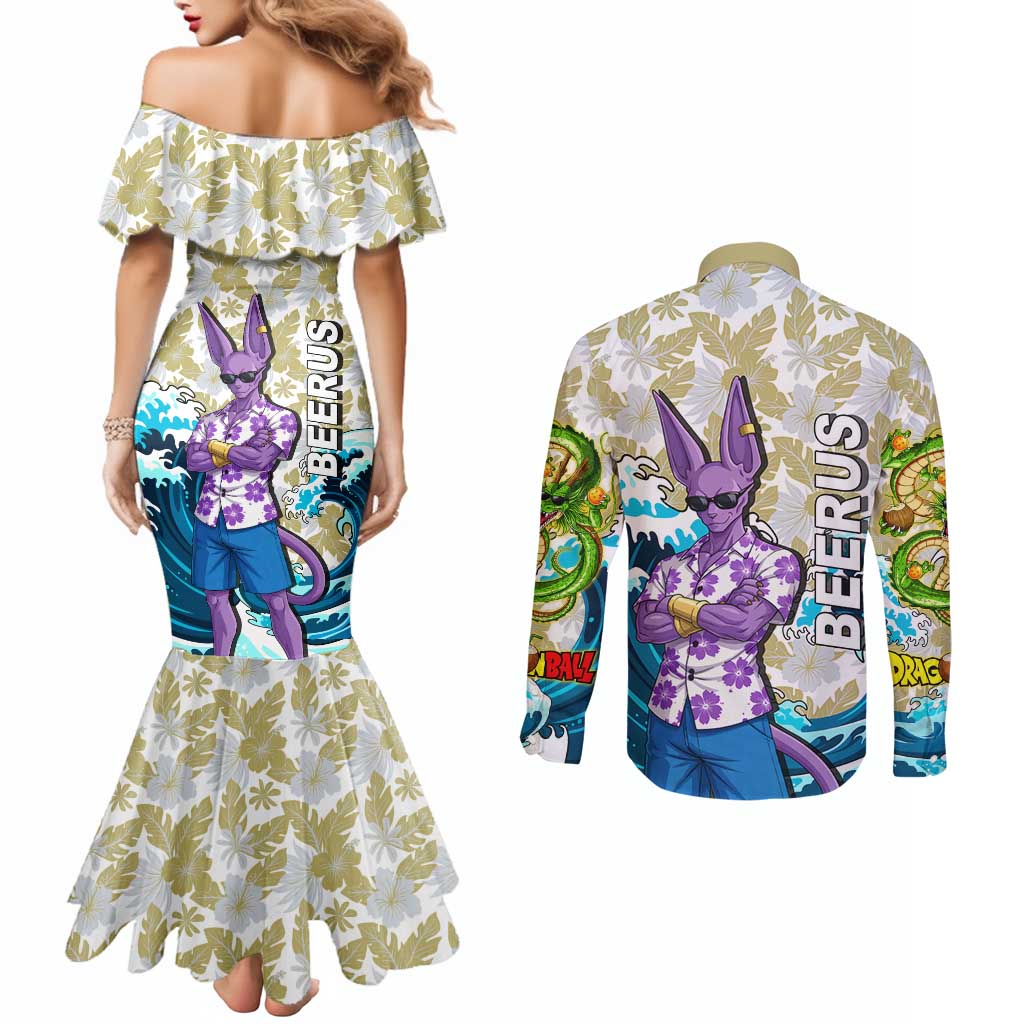 Beerus Dragon Ball Summer Theme Couples Matching Mermaid Dress and Long Sleeve Button Shirt with Floral Shirt Sunglasses Shenron and Ocean Wave Background - The Mazicc