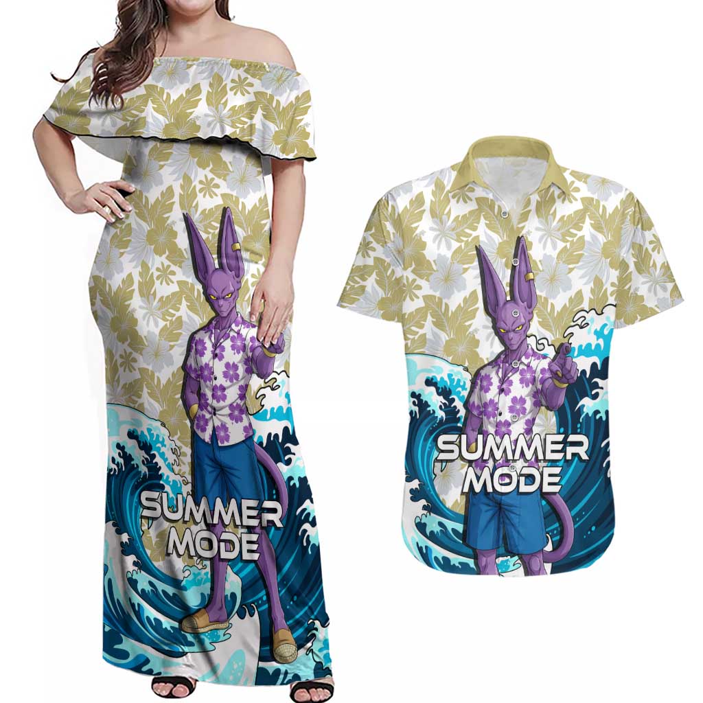 Beerus Dragon Ball Summer Theme Couples Matching Off Shoulder Maxi Dress and Hawaiian Shirt with Floral Shirt Sunglasses Shenron and Ocean Wave Background - The Mazicc
