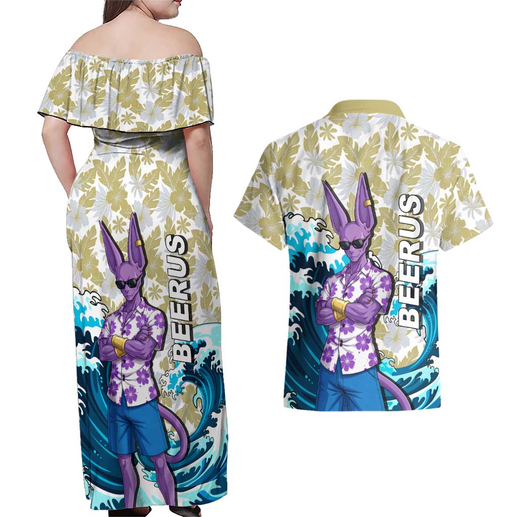 Beerus Dragon Ball Summer Theme Couples Matching Off Shoulder Maxi Dress and Hawaiian Shirt with Floral Shirt Sunglasses Shenron and Ocean Wave Background - The Mazicc