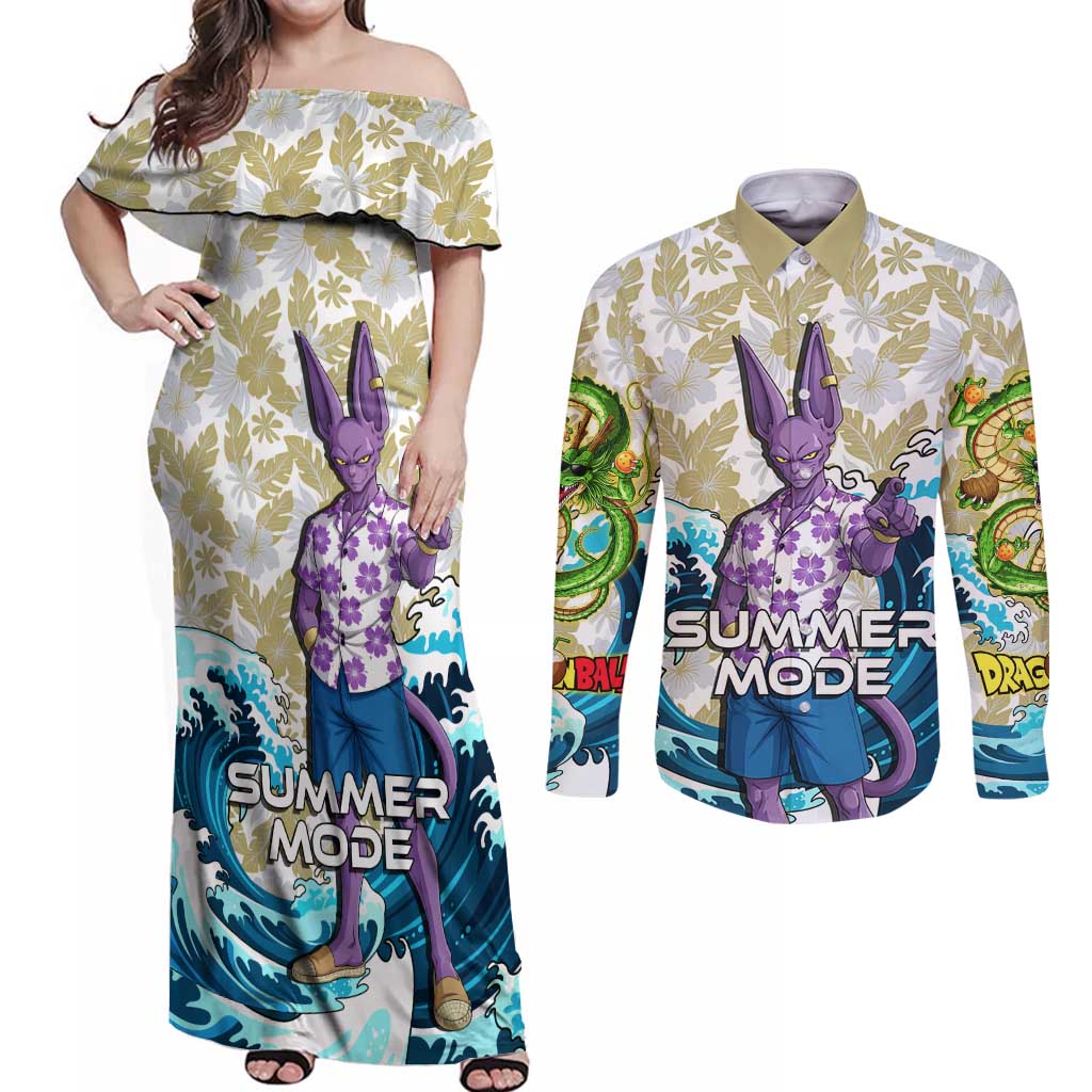 Beerus Dragon Ball Summer Theme Couples Matching Off Shoulder Maxi Dress and Long Sleeve Button Shirt with Floral Shirt Sunglasses Shenron and Ocean Wave Background - The Mazicc