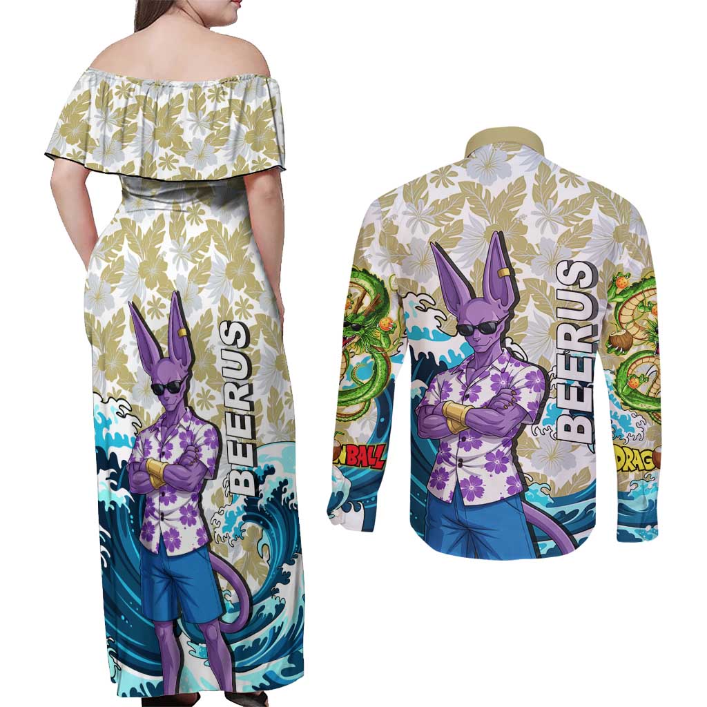 Beerus Dragon Ball Summer Theme Couples Matching Off Shoulder Maxi Dress and Long Sleeve Button Shirt with Floral Shirt Sunglasses Shenron and Ocean Wave Background - The Mazicc
