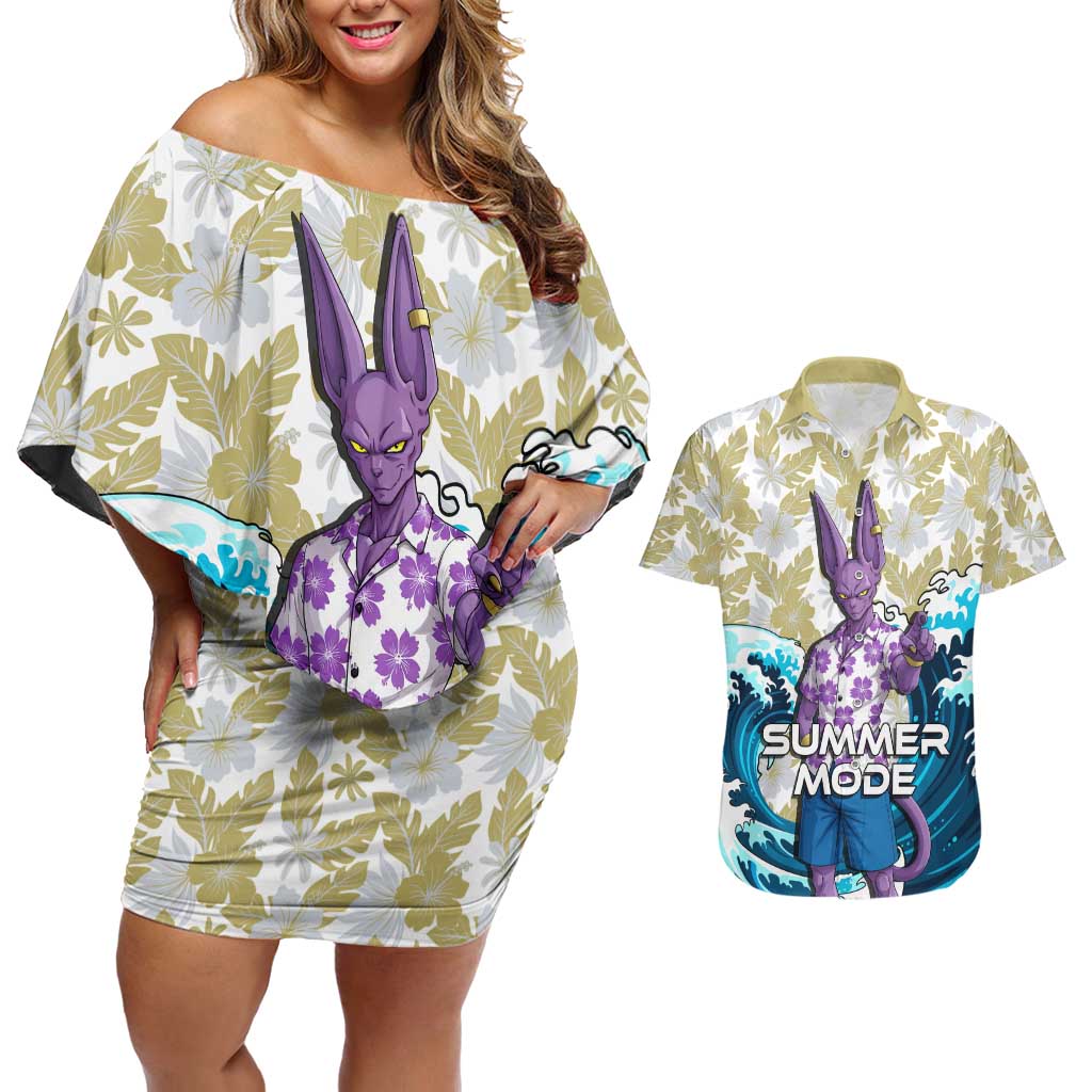 Beerus Dragon Ball Summer Theme Couples Matching Off Shoulder Short Dress and Hawaiian Shirt with Floral Shirt Sunglasses Shenron and Ocean Wave Background - The Mazicc