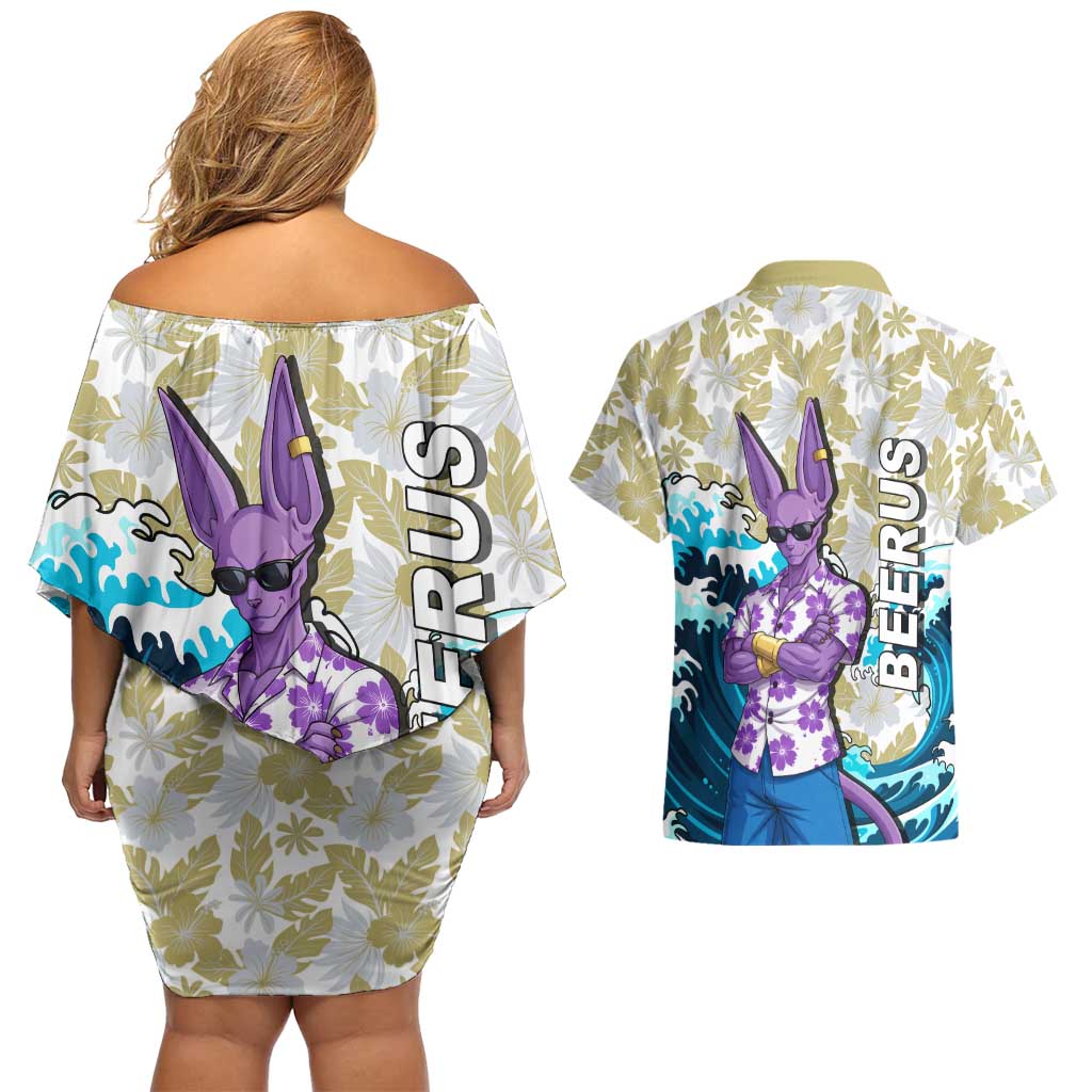 Beerus Dragon Ball Summer Theme Couples Matching Off Shoulder Short Dress and Hawaiian Shirt with Floral Shirt Sunglasses Shenron and Ocean Wave Background - The Mazicc