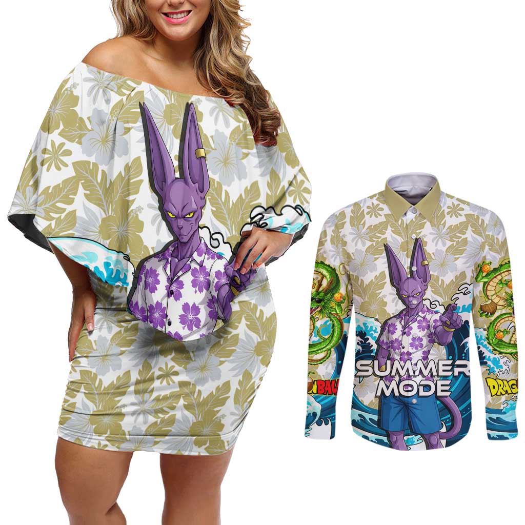 Beerus Dragon Ball Summer Theme Couples Matching Off Shoulder Short Dress and Long Sleeve Button Shirt with Floral Shirt Sunglasses Shenron and Ocean Wave Background - The Mazicc