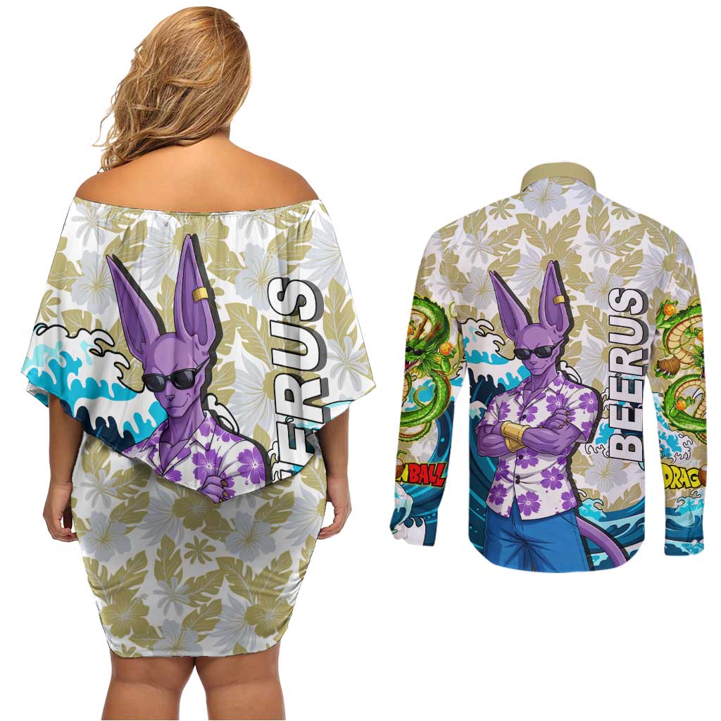 Beerus Dragon Ball Summer Theme Couples Matching Off Shoulder Short Dress and Long Sleeve Button Shirt with Floral Shirt Sunglasses Shenron and Ocean Wave Background - The Mazicc