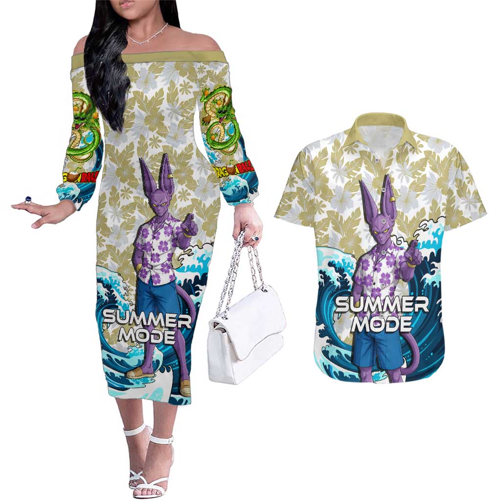 Beerus Dragon Ball Summer Theme Couples Matching Off The Shoulder Long Sleeve Dress and Hawaiian Shirt with Floral Shirt Sunglasses Shenron and Ocean Wave Background - The Mazicc