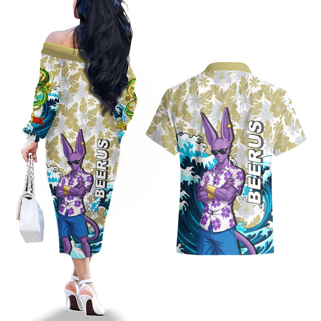 Beerus Dragon Ball Summer Theme Couples Matching Off The Shoulder Long Sleeve Dress and Hawaiian Shirt with Floral Shirt Sunglasses Shenron and Ocean Wave Background - The Mazicc
