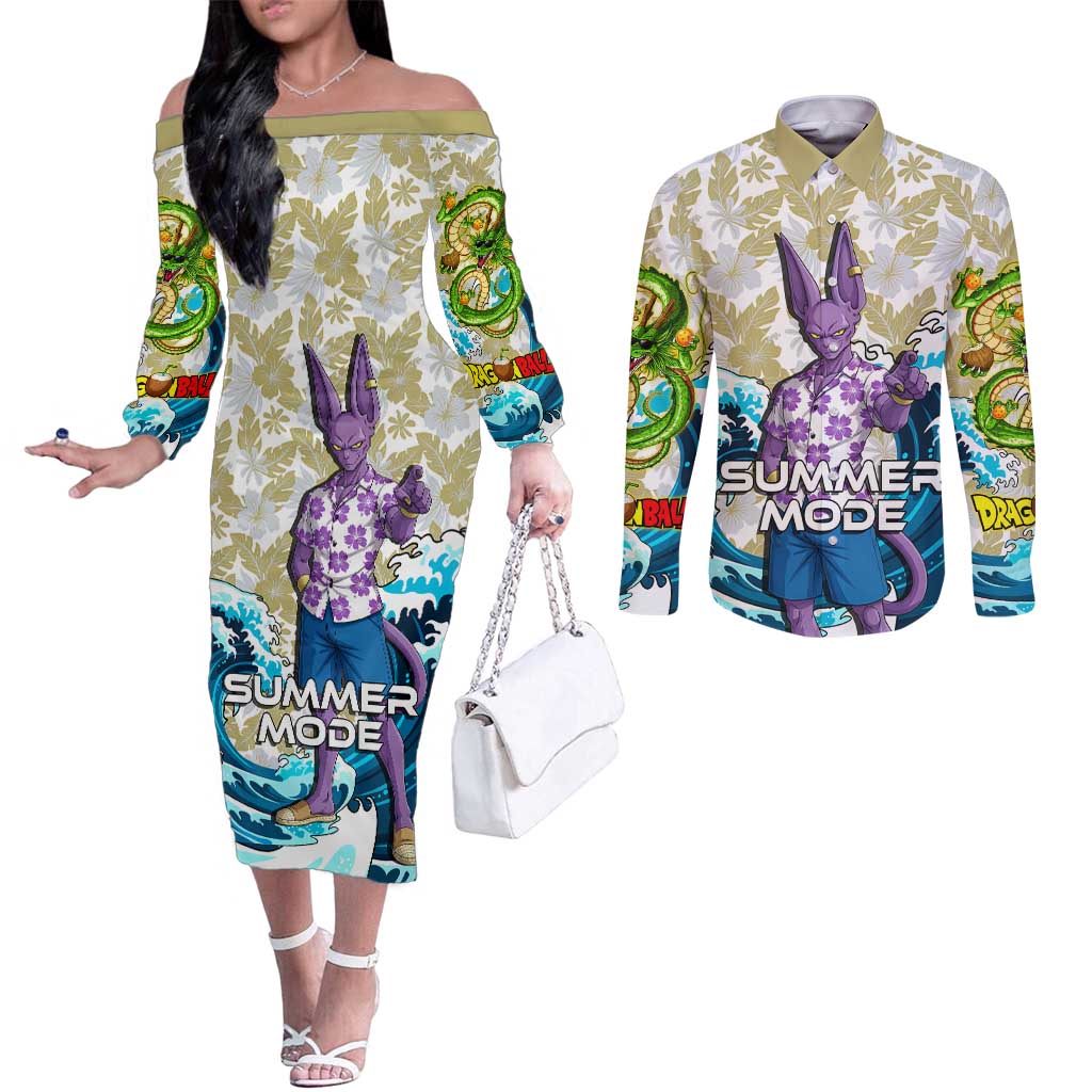Beerus Dragon Ball Summer Theme Couples Matching Off The Shoulder Long Sleeve Dress and Long Sleeve Button Shirt with Floral Shirt Sunglasses Shenron and Ocean Wave Background - The Mazicc