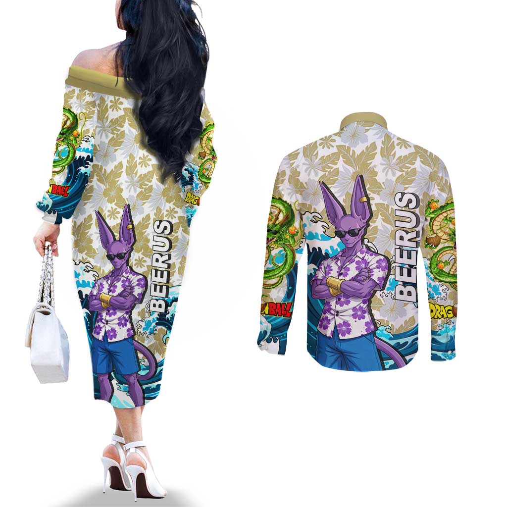Beerus Dragon Ball Summer Theme Couples Matching Off The Shoulder Long Sleeve Dress and Long Sleeve Button Shirt with Floral Shirt Sunglasses Shenron and Ocean Wave Background - The Mazicc