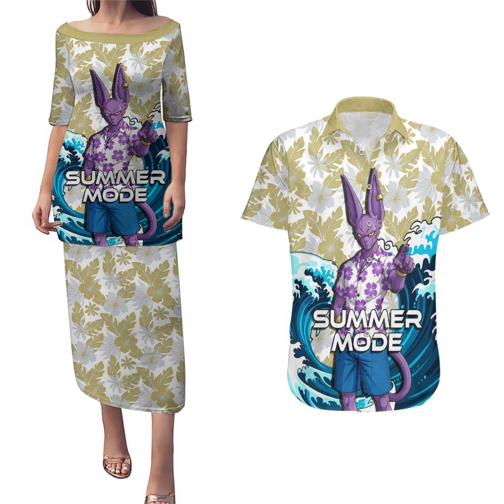 Beerus Dragon Ball Summer Theme Couples Matching Puletasi and Hawaiian Shirt with Floral Shirt Sunglasses Shenron and Ocean Wave Background - The Mazicc