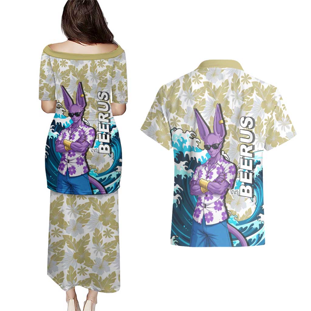 Beerus Dragon Ball Summer Theme Couples Matching Puletasi and Hawaiian Shirt with Floral Shirt Sunglasses Shenron and Ocean Wave Background - The Mazicc