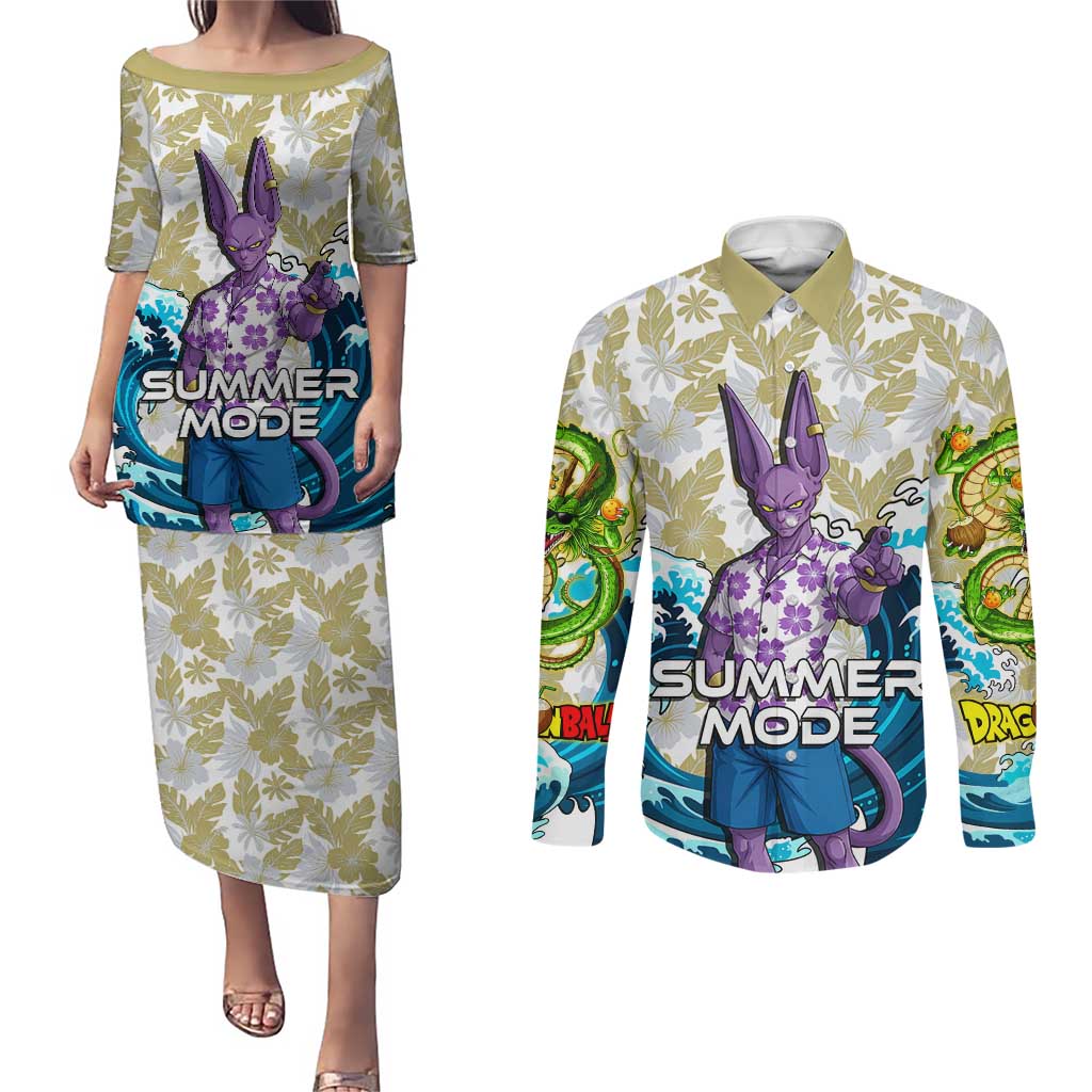 Beerus Dragon Ball Summer Theme Couples Matching Puletasi and Long Sleeve Button Shirt with Floral Shirt Sunglasses Shenron and Ocean Wave Background - The Mazicc