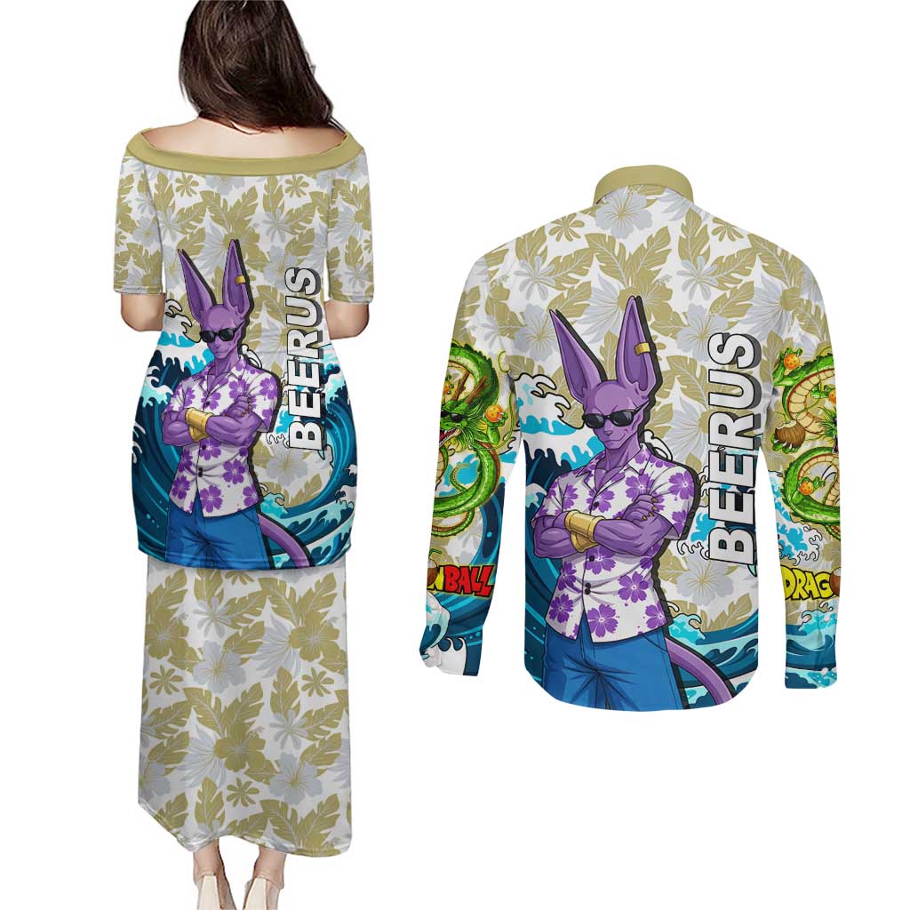 Beerus Dragon Ball Summer Theme Couples Matching Puletasi and Long Sleeve Button Shirt with Floral Shirt Sunglasses Shenron and Ocean Wave Background - The Mazicc