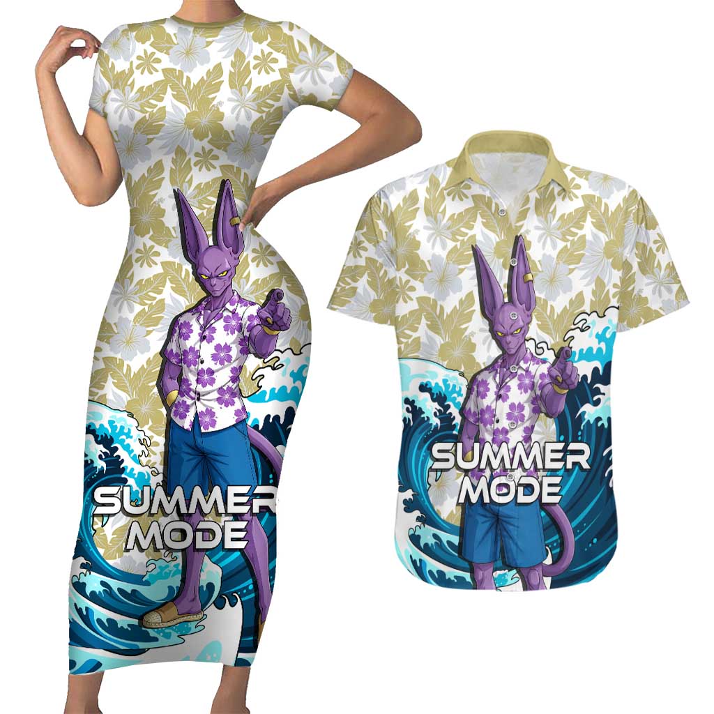 Beerus Dragon Ball Summer Theme Couples Matching Short Sleeve Bodycon Dress and Hawaiian Shirt with Floral Shirt Sunglasses Shenron and Ocean Wave Background - The Mazicc