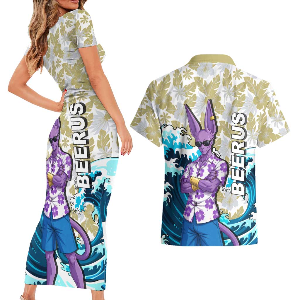Beerus Dragon Ball Summer Theme Couples Matching Short Sleeve Bodycon Dress and Hawaiian Shirt with Floral Shirt Sunglasses Shenron and Ocean Wave Background - The Mazicc