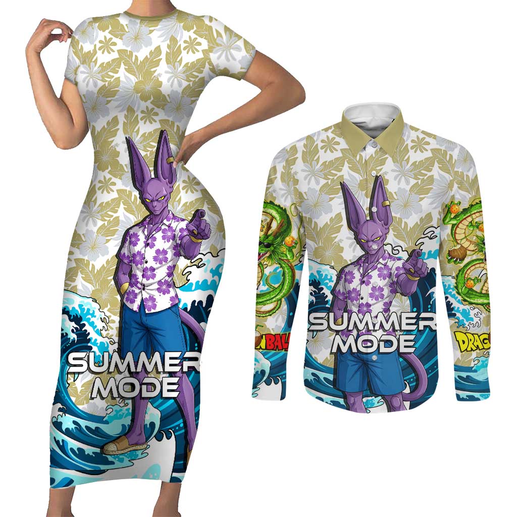 Beerus Dragon Ball Summer Theme Couples Matching Short Sleeve Bodycon Dress and Long Sleeve Button Shirt with Floral Shirt Sunglasses Shenron and Ocean Wave Background - The Mazicc